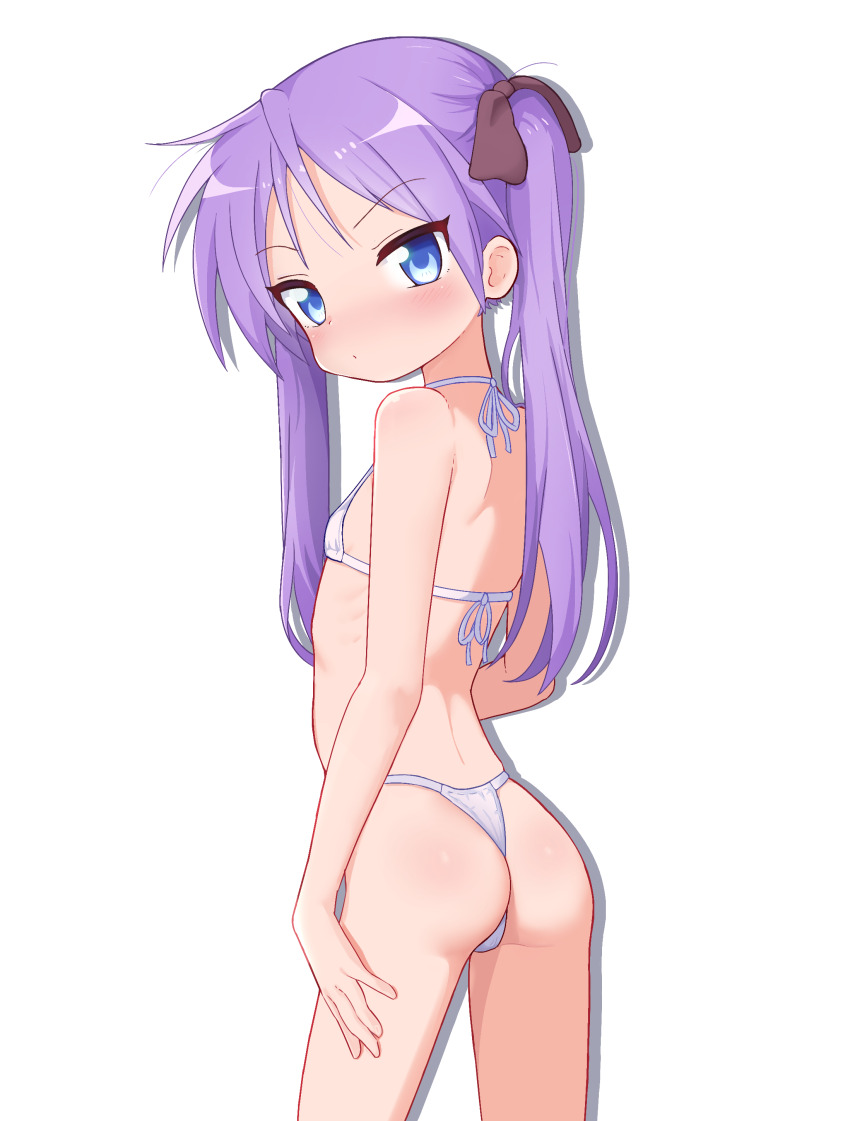 1girl absurdres ass back bare_arms bare_shoulders bikini blue_eyes blush bow closed_mouth cowboy_shot flat_chest from_behind hair_bow hair_ribbon highres hiiragi_kagami loli long_hair looking_at_viewer looking_back lucky_star micro_bikini pepzi purple_hair ribbon simple_background solo standing swimsuit thong_bikini tsurime twintails white_background white_bikini