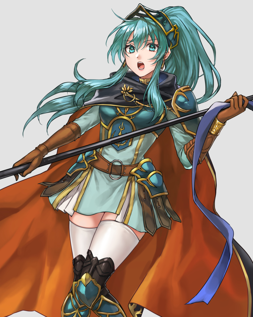 1girl absurdres aqua_dress aqua_eyes aqua_hair armor armored_dress black_cape breastplate brown_gloves cape commentary_request cosplay dress earrings eirika_(fire_emblem) eirika_(pledged_restorer)_(fire_emblem) ephraim_(fire_emblem) ephraim_(fire_emblem)_(cosplay) fire_emblem fire_emblem:_the_sacred_stones fire_emblem_heroes gloves gold_trim hazuki_(nyorosuke) highres holding holding_polearm holding_weapon jewelry lips long_hair nintendo official_alternate_costume official_alternate_hairstyle pauldrons pink_lips polearm ponytail red_cape shoulder_armor simple_background solo spear thighhighs thighs two-tone_cape weapon white_background white_thighhighs