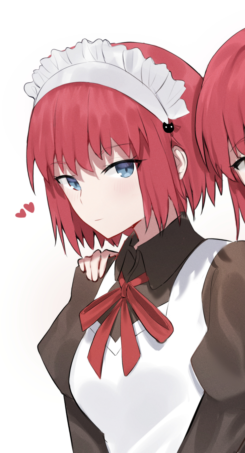 2girls apron blue_eyes coti_neko heart highres hisui_(tsukihime) kohaku_(tsukihime) long_sleeves looking_at_viewer maid maid_apron maid_headdress multiple_girls red_hair short_hair siblings sisters solo_focus tsukihime tsukihime_(remake) twins white_apron