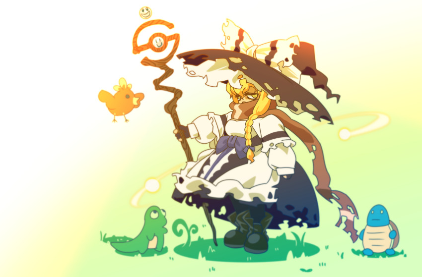 1girl absurdres apron bags_under_eyes black_hat black_pantyhose black_skirt blonde_hair blue_bow boots bow braid brown_boots brown_scarf commentary_request cookie_(touhou) creatures_(company) full_body game_freak gen_1_pokemon gen_3_pokemon green_background hair_bow hat highres holding holding_staff kirisame_marisa long_hair looking_at_viewer mars_(cookie) nintendo open_mouth pantyhose pokemon pokemon_(creature) scarf shirt side_braid single_braid skirt solo squirtle staff torchic torn_clothes torn_scarf touhou treecko ukiwagirl waist_apron white_apron white_shirt witch_hat yellow_eyes