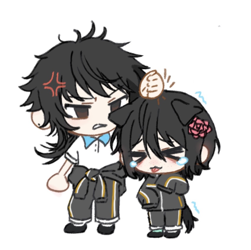 &gt;_&lt; 2boys :3 anger_vein animal_ears black_eyes black_hair black_jacket black_pants black_shoes bonk chibi chibi_only chinese_commentary closed_eyes clothes_around_waist collared_shirt commentary dog_boy dog_ears dog_tail flower fu_shun_(touqi_guaitan) fuzhaidaye hair_between_eyes hair_flower hair_ornament height_difference highres jacket jacket_around_waist kemonomimi_mode long_hair long_sleeves male_focus medium_hair multiple_boys pants pink_hair shirt shoes short_sleeves simple_background sleeves_past_fingers sleeves_past_wrists tail tearing_up tongue tongue_out touqi_guaitan white_background white_shirt x3 ziche_fuzhao