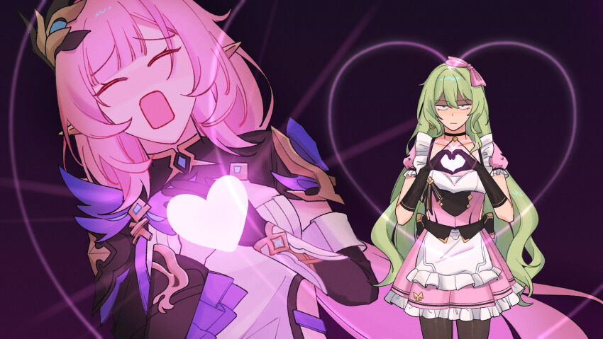 2girls apron blue_eyes breasts commentary dress elysia_(honkai_impact) elysia_(miss_pink_elf)_(honkai_impact) highres honkai_(series) honkai_impact_3rd large_breasts long_hair maid maid_apron maid_headdress mobius_(honkai_impact) mobius_(mobius_dressing)_(honkai_impact) multiple_girls official_alternate_costume pink_dress pink_hair rena_(rrena) very_long_hair yuri