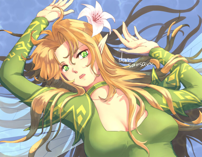 1girl blonde_hair breasts choker cleavage collarbone curtained_hair eyelashes fairy fairy_wings flower green_choker green_eyes hair_flower hair_ornament large_breasts long_hair long_sleeves lying on_back open_mouth pointy_ears shin_megami_tensei shinabita_nasubi solo titania_(megami_tensei) white_flower wings