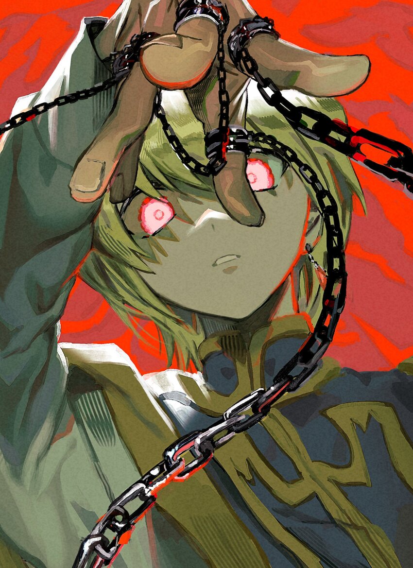 1boy arm_up blonde_hair blue_tabard chain earrings foreshortening from_below highres hunter_x_hunter jewelry kurapika long_sleeves looking_at_viewer male_focus medium_hair menacing multiple_rings open_hand open_mouth red_background red_eyes revision ring segami shirt short_hair single_earring solo tabard two-tone_tabard upper_body white_shirt yellow_tabard