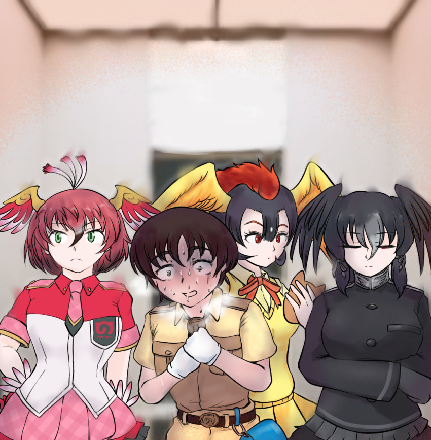 1boy 3girls @_@ antenna_hair arm_at_side belt bird_wings black_hair blurry blurry_background breath brown_hair captain_(kemono_friends) closed_mouth collared_shirt crossed_arms gloves green_eyes grey_hair hair_between_eyes half-closed_eye hand_on_own_hip head_wings hi_no_tori hi_no_tori_(kemono_friends) hot indoors kemono_friends kemono_friends_3 long_sleeves looking_to_the_side multicolored_hair multiple_girls neck_ribbon necktie one_eye_closed own_hands_together red_eyes red_hair ribbon saja_(166j357) shirt short_hair short_sleeves suzaku_(kemono_friends) sweat sweater_vest two-tone_hair wing_collar wings yatagarasu_(kemono_friends)