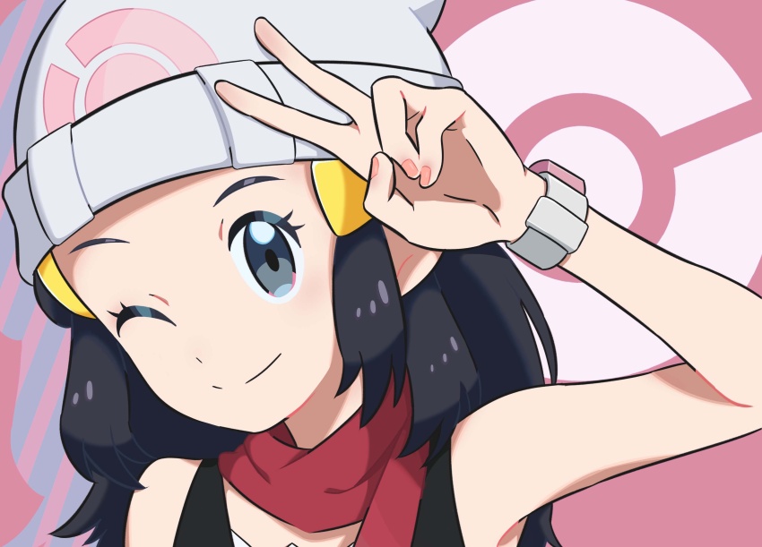 1girl ;) absurdres beanie black_hair black_shirt closed_mouth commentary_request dawn_(pokemon) eyelashes grey_eyes hair_ornament hairclip hand_up hat highres long_hair nail_polish nintendo nori_(hgdm2784) one_eye_closed pink_nails poke_ball_print pokemon pokemon_dppt poketch red_scarf scarf shirt sleeveless sleeveless_shirt smile solo split_mouth upper_body v watch white_hat wristwatch