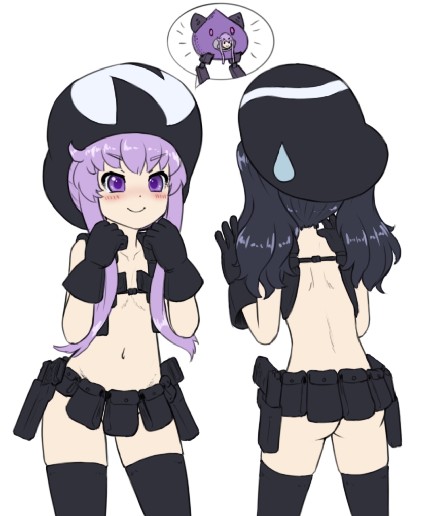 2girls alloyrabbit ass black_gloves black_hair black_legwear blush cosplay gloves hair_ornament hair_ribbon hat highres imagining kill_la_kill long_hair looking_at_another multiple_girls nepgear neptune_(series) nudist_beach_uniform purple_hair ribbon simple_background smile thighhighs uni_(neptunia) white_background