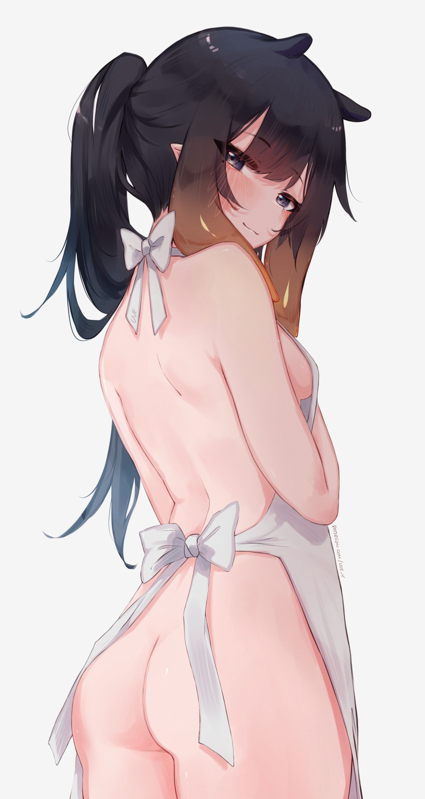 1girl absurdres apron artist_name ass black_hair blue_eyes blush breasts closed_mouth commentary cowboy_shot english_commentary gradient_hair hair_between_eyes highres hololive hololive_english long_hair looking_at_viewer mole mole_under_eye multicolored_hair naked_apron ninomae_ina&#039;nis orange_hair patreon_username pointy_ears ponytail sidelocks simple_background small_breasts smile solo standing tentacle_hair two-tone_hair uve very_long_hair virtual_youtuber white_apron white_background
