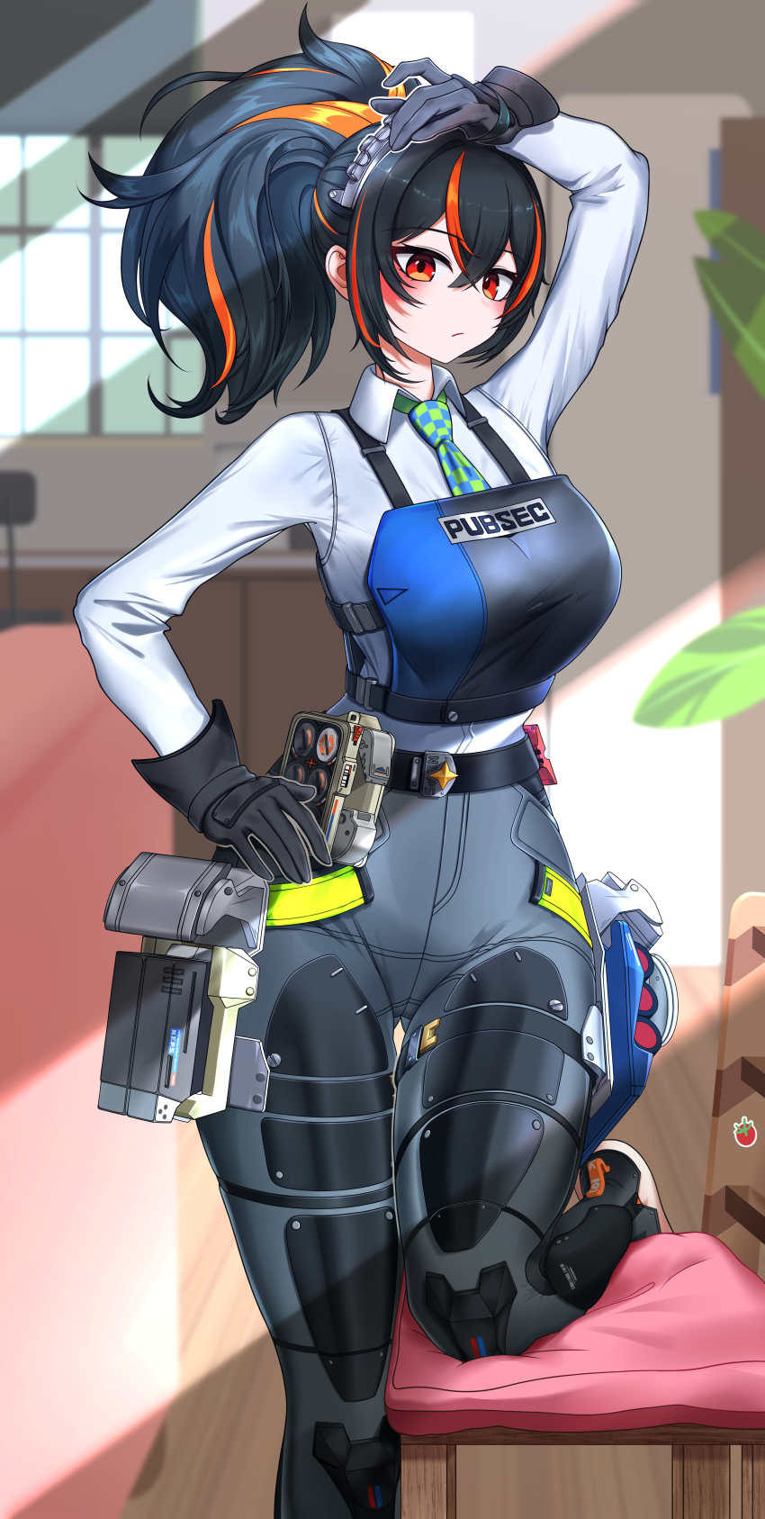 1girl :/ absurdres arm_up black_gloves black_hair black_pants breasts bulletproof_vest chair checkered_necktie commentary gloves hair_between_eyes high-waist_pants highres indoors large_breasts looking_at_viewer metal_hairband mi_ning multicolored_hair necktie pants police police_uniform policewoman ponytail red_eyes red_hair shirt solo streaked_hair thigh_gap white_shirt zenless_zone_zero zhu_yuan