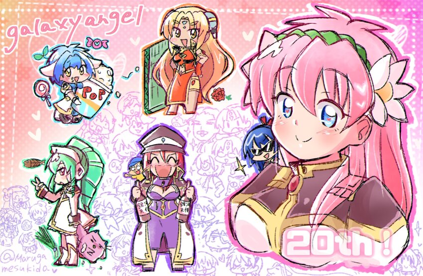 6+girls :d angel_wing_uniform animal_ears anniversary blonde_hair blue_eyes blue_hair chinese_clothes copyright_name drill_hair everyone facial_mark flower food forehead_mark forte_stollen full_body galaxy_angel green_hair hair_flower hair_ornament hairband hairpods highres long_hair looking_at_viewer milfeulle_sakuraba mint_blancmanche multiple_girls new_yorker_(togawa_hamasaki) normad open_mouth pink_hair popcorn ranpha_franboise red_eyes red_hair smile upper_body vanilla_h