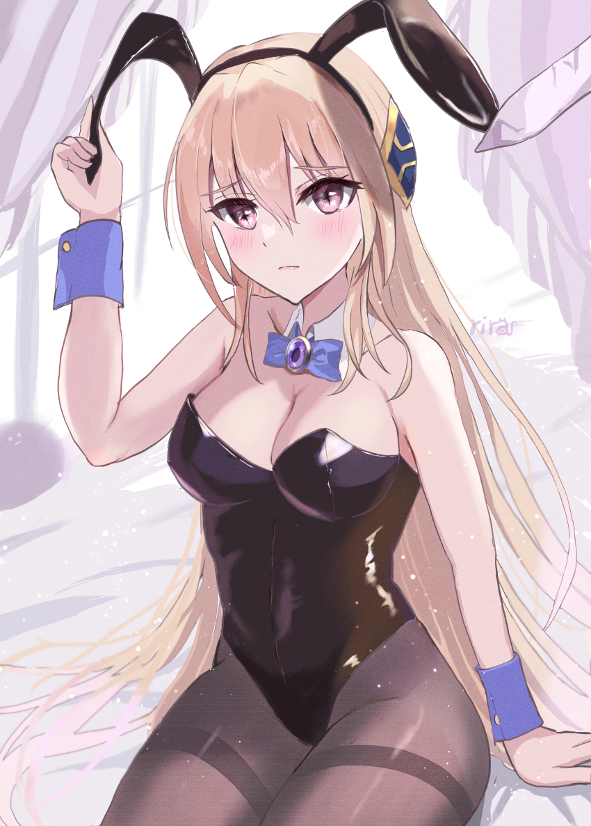 1girl absurdres animal_ears black_leotard black_pantyhose blonde_hair blue_bow blue_bowtie bow bowtie breasts cleavage detached_collar fake_animal_ears hair_between_eyes hair_over_one_eye heaven_burns_red highleg highleg_leotard highres leotard long_hair narvy_(heaven_burns_red) on_bed pantyhose playboy_bunny rabbit_ears red_eyes shirakawa_yuina sidelocks smyin_rii solo strapless strapless_leotard wrist_cuffs