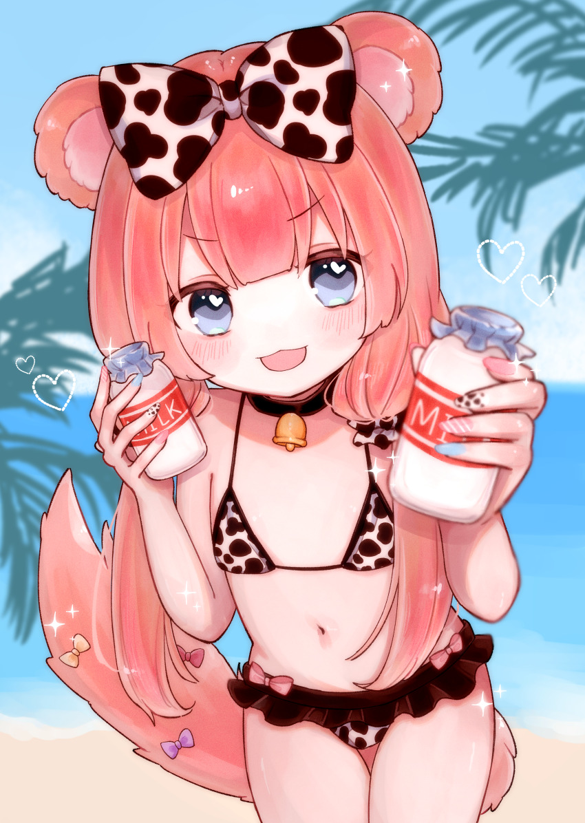 1girl :3 absurdres animal_ears animal_print bell bikini bikini_skirt black_choker blue_eyes blush bow bow_bikini choker chromu commission cow_print cow_print_bikini cowboy_shot flat_chest hair_bow heart heart_in_eye highres holding holding_jar indie_virtual_youtuber jar kuroshiro_(lilymofumofu) leaning_forward long_hair looking_at_viewer multicolored_nails nail_polish navel neck_bell open_mouth pink_hair print_bikini raccoon_ears raccoon_girl raccoon_tail second-party_source simple_background skeb_commission swimsuit symbol_in_eye tail tail_bow tail_ornament thigh_gap