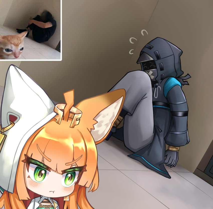 1girl 1other absurdres ahoge ambiguous_gender animal_ears arknights blush bound cat_ears cat_girl chibi chinese_commentary closed_mouth commentary doctor_(arknights) english_commentary flying_sweatdrops green_eyes highres hood hood_up mixed-language_commentary orange_hair papyrus_(arknights) photo-referenced reference_inset restrained th3cr0ma tied_up_(nonsexual) v-shaped_eyebrows