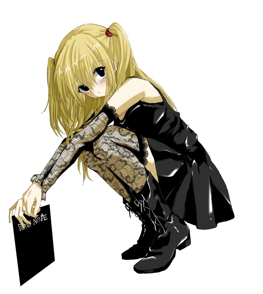 1girl absurdres bare_shoulders black_boots black_dress black_eyes blonde_hair blush boots death_note death_note_(object) detached_sleeves dress full_body hair_ribbon highres holding holding_notebook lace lace-trimmed_sleeves lace-trimmed_thighhighs lace_trim looking_at_viewer notebook red_ribbon ribbon simple_background squatting takanashi_(takanya_shi) thighhighs two_side_up white_background