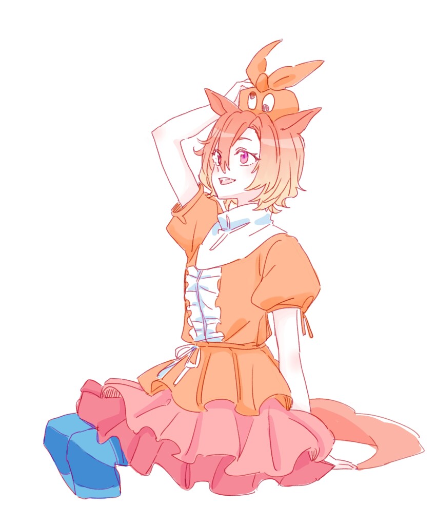 1girl :d absurdres animal_ears arm_up blue_pantyhose brown_hair cosplay cropped_legs hair_between_eyes highres horse_ears horse_girl horse_tail layered_skirt monogatari_(series) ononoki_yotsugi ononoki_yotsugi_(cosplay) open_mouth orange_shirt pantyhose pink_skirt pleated_skirt puffy_short_sleeves puffy_sleeves purple_eyes seila_rei shirt short_sleeves simple_background sitting skirt smile solo striped_clothes striped_pantyhose t.m._opera_o_(umamusume) tail tsukimonogatari umamusume white_background