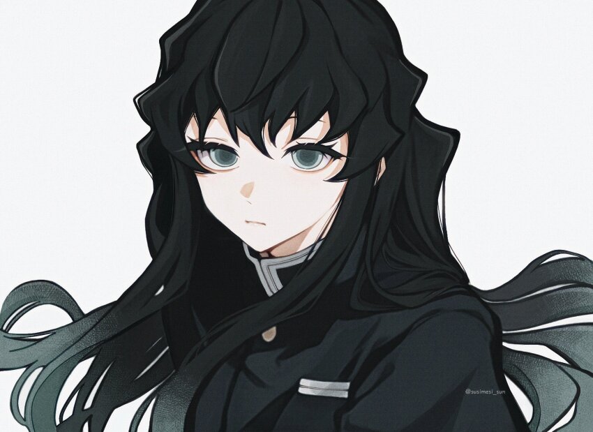 1boy aqua_eyes aqua_hair black_hair black_jacket buttons closed_mouth empty_eyes gold_buttons hair_between_eyes highres jacket kimetsu_no_yaiba long_hair long_sidelocks looking_at_viewer male_focus multicolored_hair sidelocks simple_background solo susimesi_sun tokitou_muichirou twitter_username two-tone_hair upper_body very_long_hair white_background
