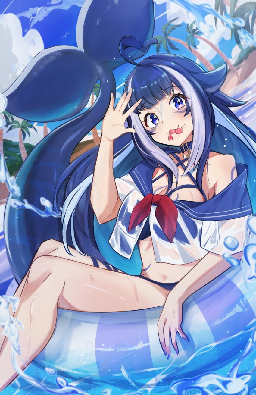 1girl ahoge animal_ears beach bikini bikini_under_clothes black_hair blue_bikini blue_collar body_markings breasts cetacean_tail cleavage collar facial_mark fins fish_tail heart heart_ahoge highres indie_virtual_youtuber innertube large_breasts long_hair looking_at_viewer mouth_hold multicolored_hair palm_tree purple_eyes sailor_collar see-through_clothes see-through_shirt shylily shylily_(1st_costume) streaked_hair swim_ring swimsuit tail tree umiru virtual_youtuber water white_hair