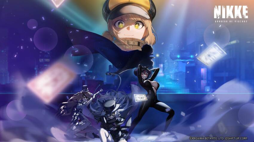 4girls absurdres arms_up artist_request belt black_belt black_bodysuit blonde_hair blue_eyes bodysuit bow breasts newsboy_cap card cleavage commentary copyright_name copyright_notice cropped crossed_arms cuffs detective double_bun dress english_commentary eye_mask gloves goddess_of_victory:_nikke grey_hair grin hair_bun hair_lift handcuffs hat heterochromia high_heels highres kneeling large_breasts latex latex_bodysuit latex_gloves long_hair looking_at_viewer low_twintails mini_hat mini_top_hat miranda_(nikke) miranda_(thief_of_justice)_(nikke) miranda_(thief_of_justice_)_(nikke) multicolored_hair multiple_girls novel_(nikke) official_art open_bodysuit open_clothes pantyhose phantom_(nikke) playing_card quency_(escape_queen)_(nikke) quency_(nikke) red_eyes smile squatting star-shaped_pupils star_(symbol) streaked_hair symbol-shaped_pupils top_hat twintails two-tone_hair white_pantyhose wide_shot yellow_eyes zipper