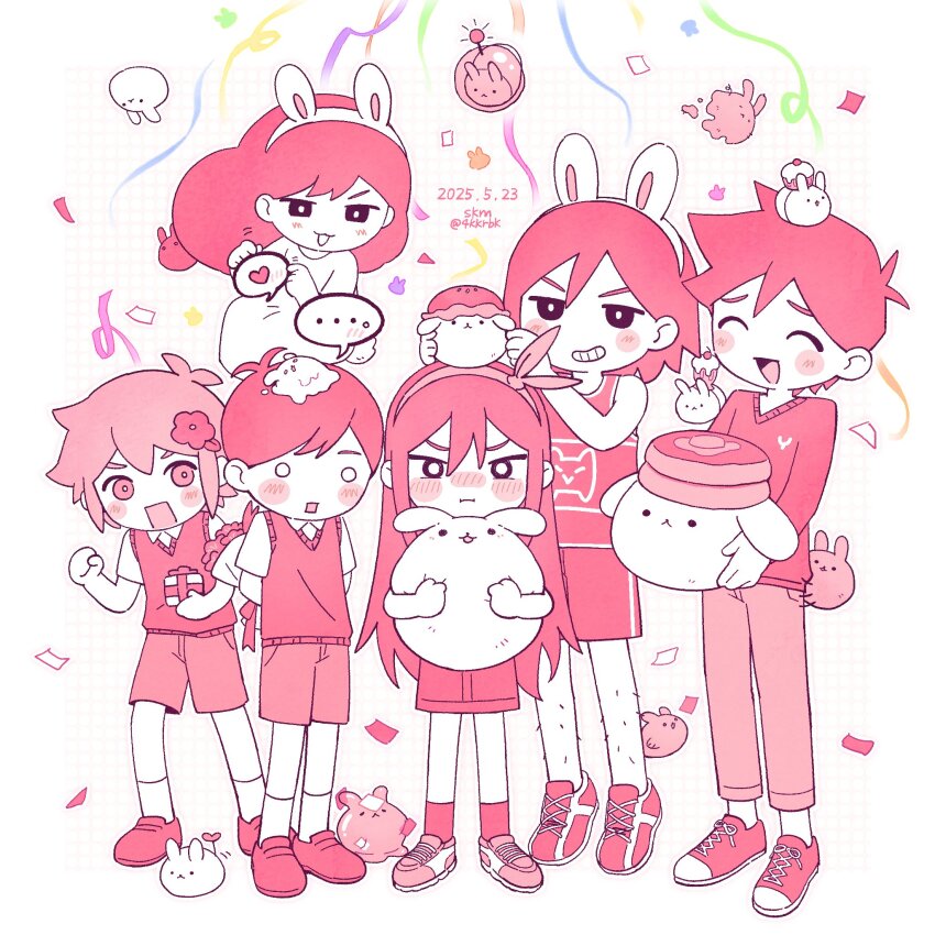 ... 2girls 4boys 4kkrbk animal_ear_hairband animal_ears antenna_hair aubrey_(faraway)_(omori) aubrey_(omori) basil_(faraway)_(omori) basil_(omori) blush box bug_bunny_(omori) closed_mouth collared_shirt confetti cupcake_bunny_(omori) dated dust_bunny_(omori) fake_animal_ears fish_bunny_(omori) flower forest_bunny?_(omori) forest_bunny_(omori) ghost_bunny_(omori) gift gift_box grin hair_flower hair_ornament hairband heart hero_(faraway)_(omori) hero_(omori) highres holding holding_stuffed_toy kel_(faraway)_(omori) kel_(omori) long_hair long_sleeves looking_at_another looking_at_viewer mari_(omori) mari_(spirit)_(omori) milkshake_bunny_(omori) monochrome multiple_boys multiple_girls omori open_mouth pancake_bunny_(omori) pants rabbit shirt shoes short_hair short_sleeves shorts slime_bunny_(omori) smile sneakers snow_rabbit socks space_bunny_(omori) speech_bubble spoken_ellipsis spoken_heart sprout_bunny_(omori) stuffed_animal stuffed_rabbit stuffed_toy sunny_(omori) sweater_vest teeth twitter_username