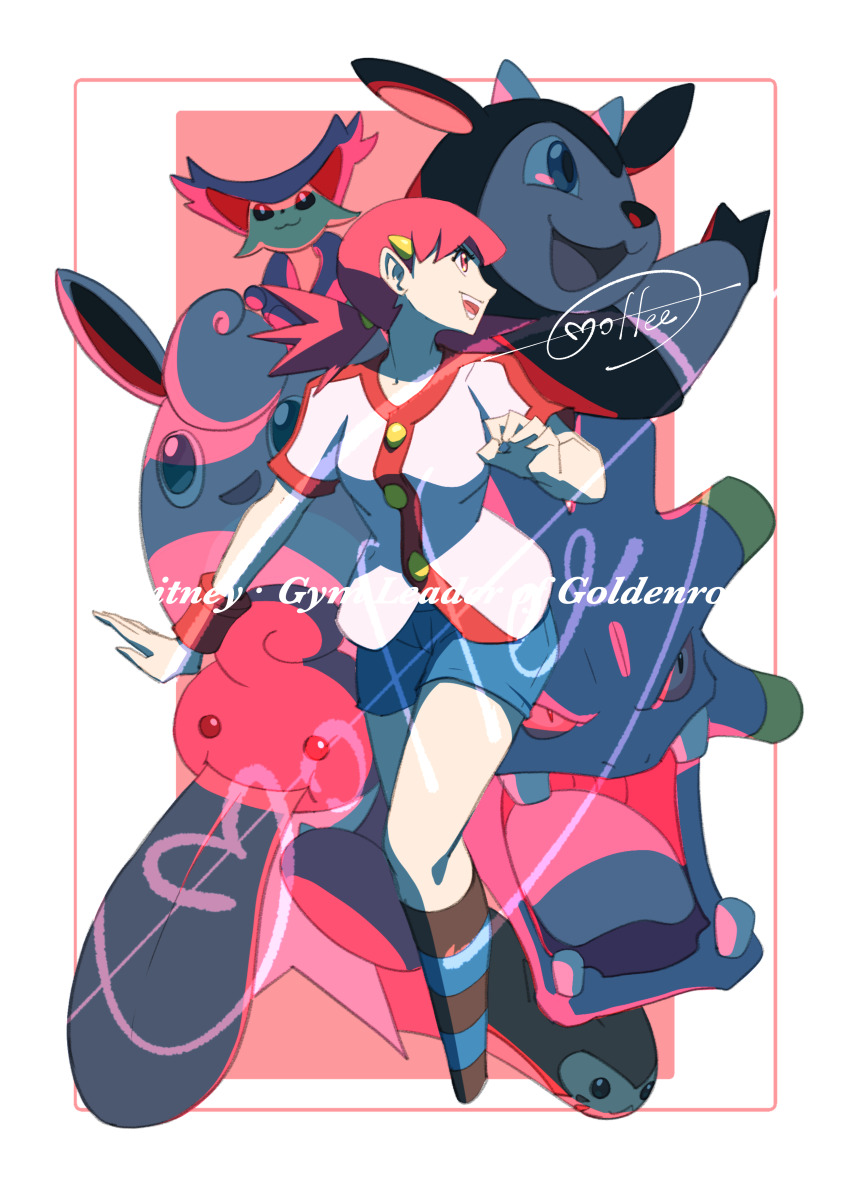 1girl :d absurdres blue_shorts border buttons cccacademia character_name delcatty exploud furret game_freak gen_1_pokemon gen_2_pokemon gen_3_pokemon gen_4_pokemon hair_ornament hairclip highres jacket lickilicky long_hair looking_back miltank mixed-language_commentary nintendo open_mouth pink_eyes pink_hair pokemon pokemon_(creature) pokemon_hgss short_sleeves shorts signature smile socks striped_clothes striped_socks teeth white_border white_jacket whitney_(pokemon) wigglytuff wristband