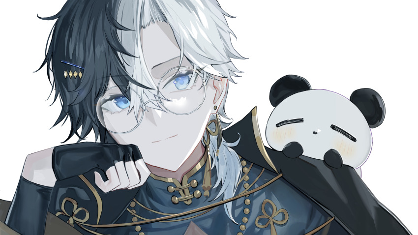 1boy animal animal_on_shoulder beads black_cape black_gloves black_hair blue_eyes cape chinese_clothes curtained_hair earrings fingerless_gloves flower_knot glasses gloves hair_ornament hairpin half_gloves head_rest highres indie_virtual_youtuber jewelry kamito_(vtuber) mandarin_collar mascot medium_hair multicolored_hair panda portrait round_eyewear ryoma_(rym_369) solo split-color_hair two-tone_hair virtual_youtuber white_hair wide_sleeves wolf_cut yellow_trim