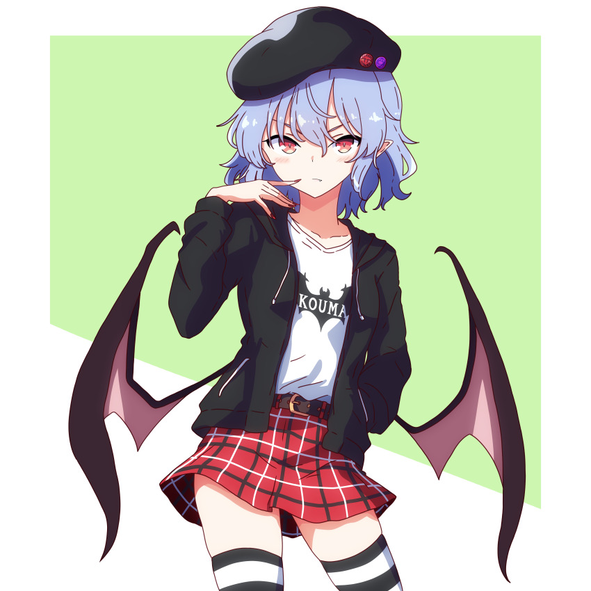1girl absurdres alternate_costume alternate_headwear animal_print bat_print bat_wings belt black_hat black_hoodie black_thighhighs blue_hair closed_mouth commentary_request contemporary fang fang_out hand_in_pocket hat highres hood hoodie long_sleeves looking_at_viewer medium_hair open_clothes open_hoodie pioartstuff pointy_ears print_shirt red_eyes red_nails red_skirt remilia_scarlet shirt skirt solo striped_clothes striped_thighhighs thighhighs touhou white_shirt white_thighhighs wings