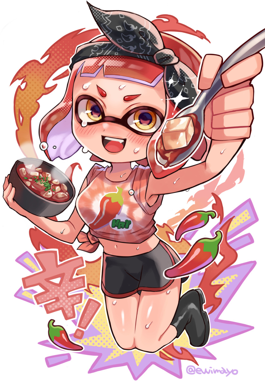1girl :d black_hairband black_shoes black_shorts bowl breasts chili_pepper commentary_request crop_top food full_body hairband highres holding holding_bowl holding_spoon inkling inkling_girl inkling_player_character mapo_tofu midriff navel nintendo open_mouth print_shirt shina_shina shirt shoes short_hair short_shorts shorts sleeveless sleeveless_shirt smile solo sparkle splatoon_(series) splatoon_3 spoon sweat teeth tentacle_hair upper_teeth_only white_background yellow_eyes