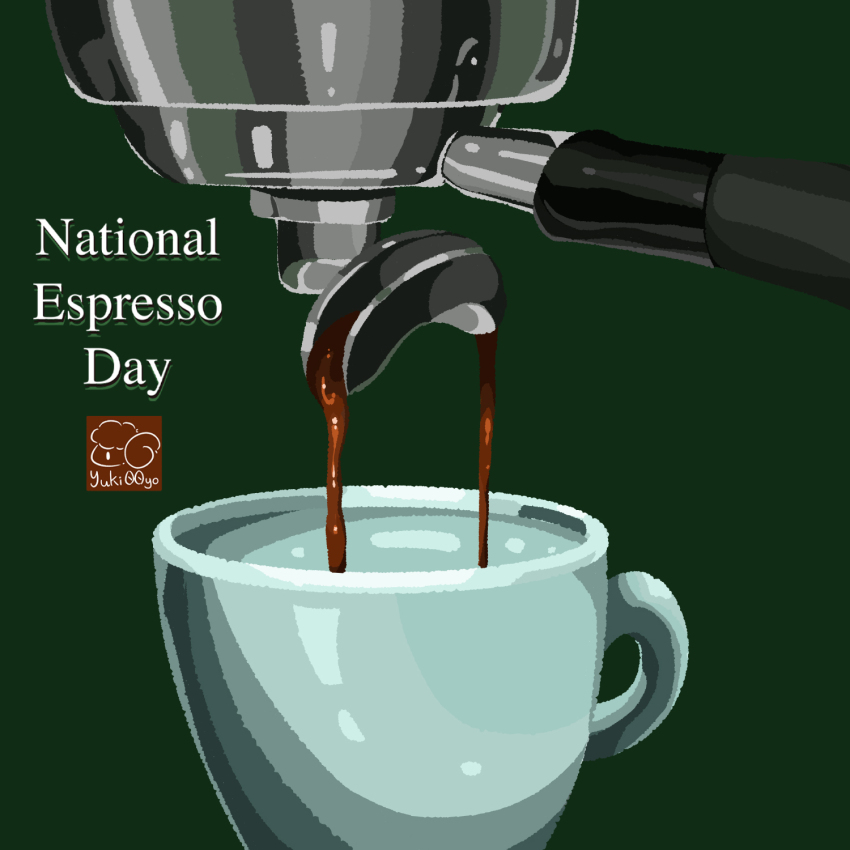 artist_logo coffee coffee_mug cup drink espresso_machine food food_focus green_background highres logo mug no_humans original pouring simple_background yuki00yo