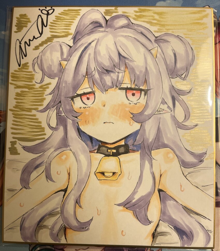1girl animal_ears artist_name atahuta blush commission cow_ears double_bun flat_chest from_above hair_bun hair_over_breasts highres horns loli long_hair looking_at_viewer lying muu_muyu neck_bell on_back phase_connect photo_(medium) pink_eyes purple_hair solo sweat virtual_youtuber