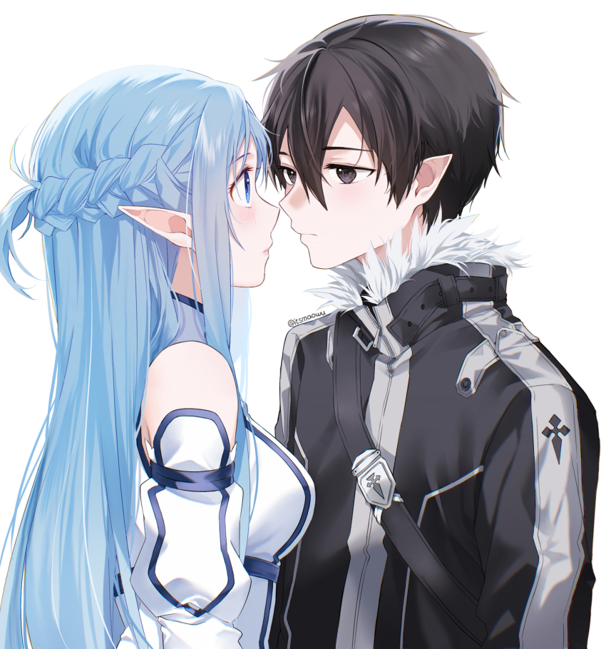 1boy 1girl asuna_(sao) asuna_(sao-alo) black_coat black_eyes black_hair blue_dress blue_eyes blue_hair blush braid breasts closed_mouth coat commentary couple detached_sleeves dress fur-trimmed_collar fur_trim half_up_braid hetero highres istriri kirito kirito_(sao-alo) long_hair looking_at_another medium_breasts pointy_ears short_hair simple_background sword_art_online two-tone_dress upper_body white_background white_dress