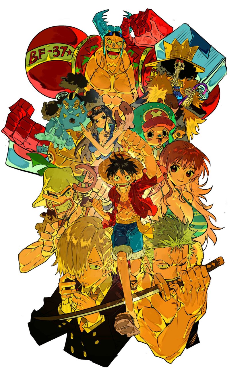 2girls 6+boys afro ascot bikini bikini_top_only black_hair black_jacket black_necktie blonde_hair blue_ascot blue_hair blue_shorts blue_skin blush_stickers brook_(one_piece) cane cigarette colored_skin commentary crossed_arms crown curly_eyebrows cyborg eyewear_on_head facial_hair feather_boa fish_boy formal_clothes franky_(one_piece) goatee green_hair hat headphones highres holding holding_cane holding_sword holding_weapon jacket jinbe_(one_piece) long_hair long_nose looking_at_viewer monkey_d._luffy multiple_boys multiple_girls mustache_stubble nami_(one_piece) nami_(one_piece)_(return_to_sabaody) necktie nico_robin one_piece open_clothes open_shirt orange_hair red_shirt roronoa_zoro sanji_(one_piece) sash scar scar_across_eye scar_on_chest scar_on_face shirt short_hair shorts sidelocks skeleton smile stitched_torso stitches straw_hat stubble suit swimsuit sword tony_tony_chopper topless_male tusks usopp weapon xi_luo_an_ya yellow_sash yellow_shirt