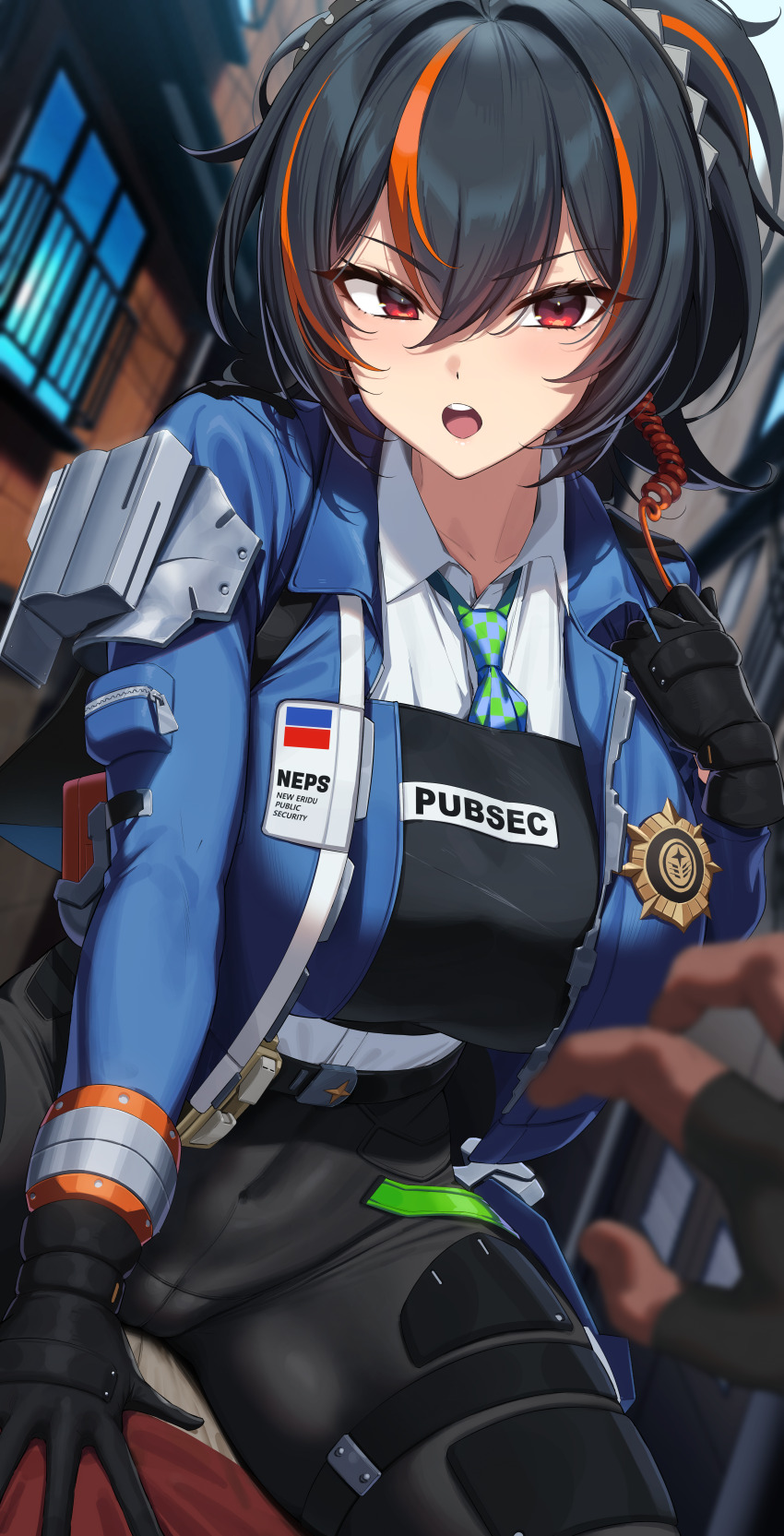 1boy 1girl absurdres black_gloves black_hair black_pants blue_jacket blush breasts gloves highres jacket kook large_breasts long_hair long_sleeves looking_at_viewer multicolored_hair open_mouth pants police police_uniform policewoman red_eyes red_hair solo_focus streaked_hair zenless_zone_zero zhu_yuan