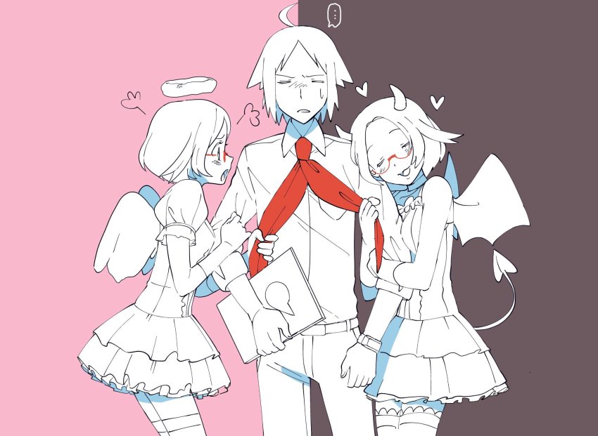 ... 1boy 2girls angel_and_devil angel_wings bat_wings bianca_(pokemon) cheren_(pokemon) collared_shirt demon_tail dual_persona halo highres holding_another&#039;s_arm horns multiple_girls nashubi_(to_infinity_wow) necktie nintendo open_mouth pokemon pokemon_bw2 shirt smile sweat tail wings xtransceiver