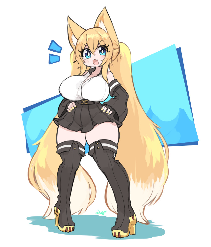 1girl absurdres alice_(flanaki) animal_ears bare_shoulders belt blonde_hair blue_eyes boots breasts ceroro commission commissioner_upload detached_sleeves fang female_focus fingerless_gloves fox_ears fox_girl gloves gradient_hair high_heel_boots high_heels highres large_breasts long_hair looking_at_viewer md5_mismatch multicolored_hair open_mouth original resolution_mismatch skirt smile solo source_smaller standing thick_thighs thighs twintails very_long_hair white_hair