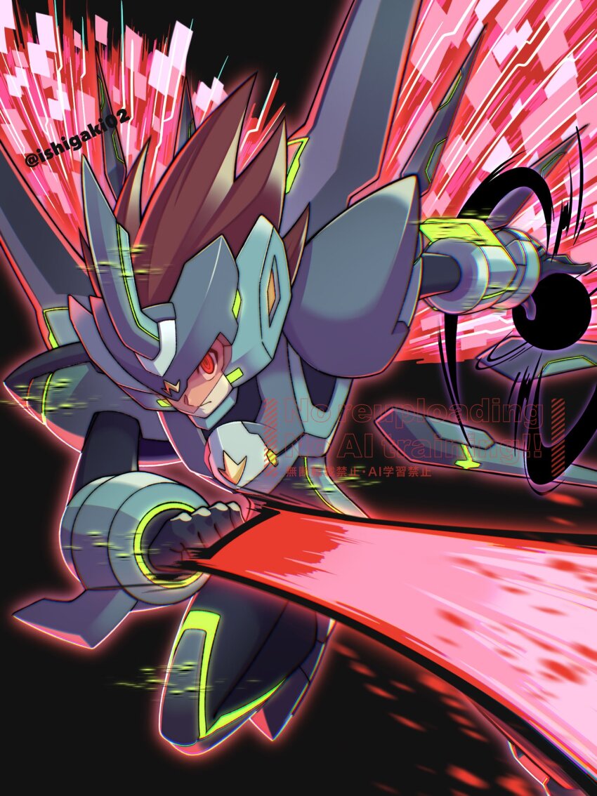 1boy armor assault_visor black_ace_(mega_man) black_bodysuit bodysuit brown_hair energy_wings highres ishigaki_(sora_roxas) long_hair male_focus mega_man_(series) mega_man_star_force_(series) power_armor red_eyes solo spiked_hair star_force_mega_man watermark