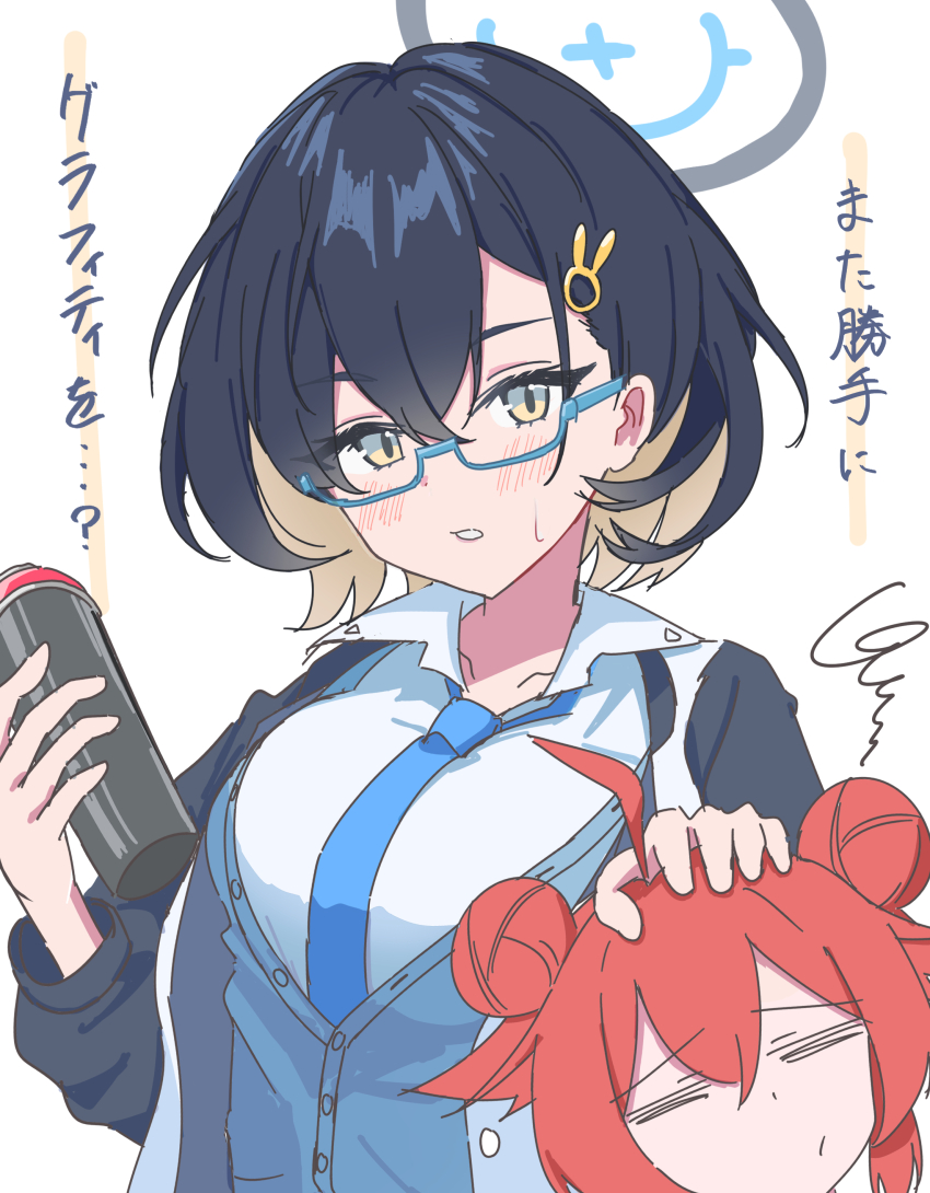 2girls =_= absurdres ahoge black_hair black_jacket blue-framed_eyewear blue_archive blue_halo blue_necktie blue_sweater_vest blush breasts chihiro_(blue_archive) closed_mouth collared_shirt double_bun glasses grey_eyes hair_bun hair_ornament halo hand_on_another&#039;s_head highres holding_spray_can jacket large_breasts maki_(blue_archive) medium_hair minamimoto multicolored_jacket multiple_girls necktie open_clothes open_jacket parted_lips rabbit_hair_ornament red_hair semi-rimless_eyewear shirt simple_background sweatdrop sweater_vest teeth translation_request two-tone_jacket under-rim_eyewear white_background white_jacket white_shirt