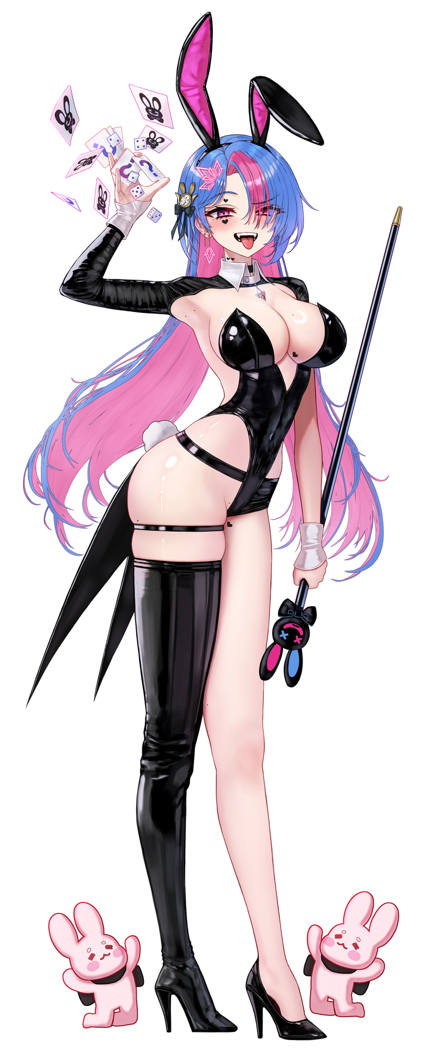 1girl :p absurdres animal_ear_hairband animal_ears arm_up armpits asymmetrical_footwear bing_hayu black_boots black_leotard black_shoes blue_hair blush boots breasts coattails collared_shrug colored_inner_hair dice earrings eruthu eyes_visible_through_hair facial_mark fake_animal_ears fake_tail fangs floating_card floating_hair full_body hair_over_one_eye hairband heart heart_facial_mark high_heel_boots high_heels highleg highleg_leotard highres holding holding_staff jewelry large_breasts leotard long_hair looking_at_viewer luvdia mole mole_on_armpit mole_on_breast mole_on_thigh multicolored_hair multiple_moles open_mouth pink_brooch pink_eyes pink_gemstone pink_hair playboy_bunny pumps rabbit_ear_hairband rabbit_ears rabbit_tail raised_eyebrow shiny_clothes shiny_skin shoes shrug_(clothing) simple_background single_thigh_boot skindentation solo staff standing strapless strapless_leotard tail thigh_boots thigh_strap tongue tongue_out two-tone_hair uneven_footwear very_long_hair virtual_youtuber white_background