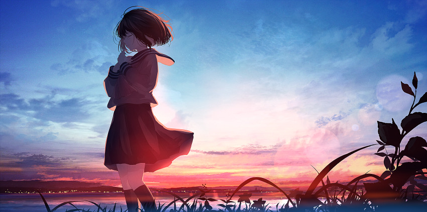 1girl absurdres black_socks blade_of_grass bob_cut closed_eyes cloud commentary_request female_focus from_side hands_on_own_chest highres huge_filesize kneehighs lake lens_flare long_sleeves mifuru original outdoors scenery school_uniform serafuku short_hair skirt sky socks solo standing twilight wind