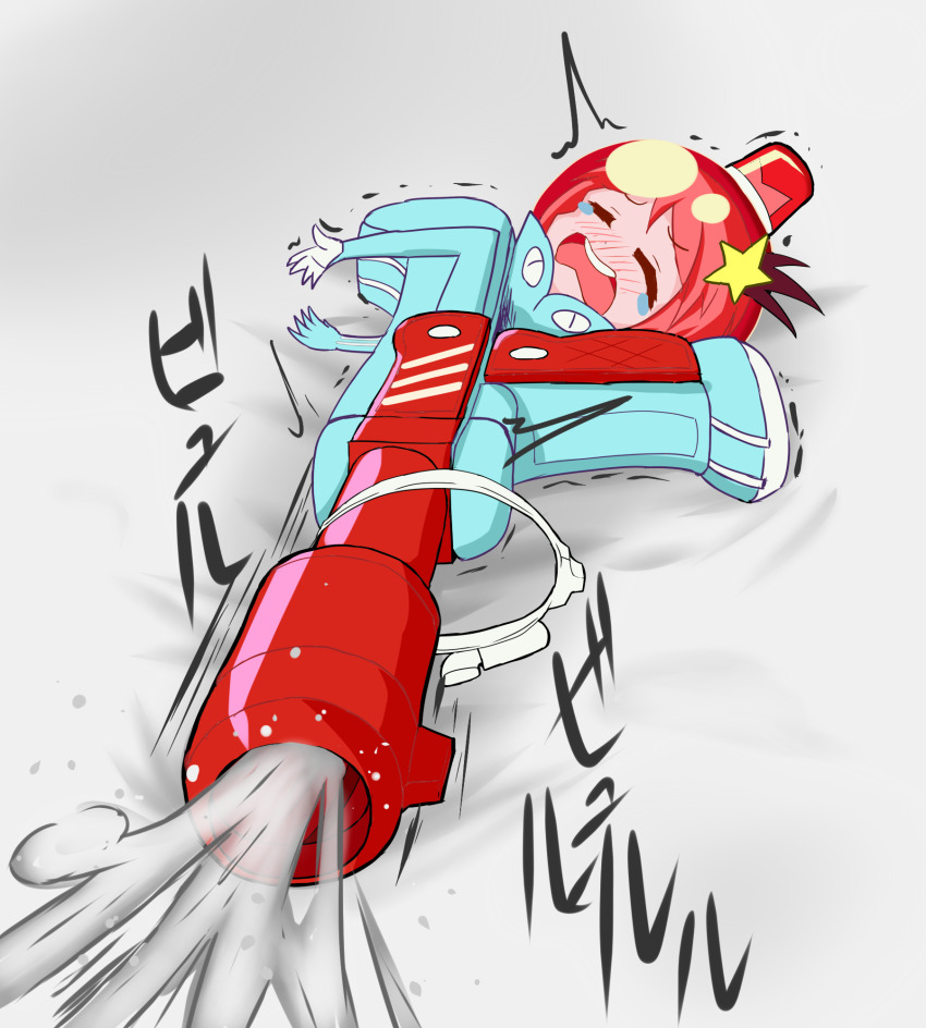 10s 1girl belt blush bodysuit brown_hair commentary_request cum ejaculation embarrassed green_eyes hair_ornament helmet highres judgement_gun_morphing luluco on_bed orgasm sketch solo star_(symbol) star_hair_ornament uchuu_patrol_luluco what
