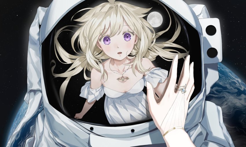 1girl 1other ambiguous_gender bare_shoulders breasts collarbone dress enna_alouette helmet jewelry light_brown_hair long_hair medium_breasts moon moonie necklace nijisanji nijisanji_en off-shoulder_dress off_shoulder open_mouth planet purple_eyes reflection ring space_helmet virtual_youtuber white_dress