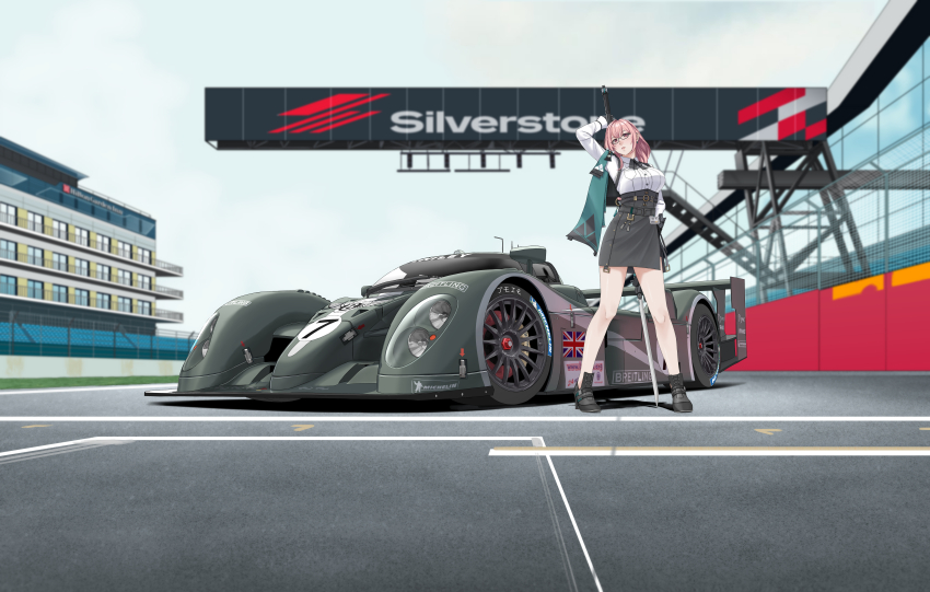 1girl absurdres amoemo bentley bentley_speed_8 black_gloves black_skirt breasts car dress_shirt glasses gloves grey_sky hair_between_eyes high-waist_skirt high_heels highres holding holding_polearm holding_weapon large_breasts long_hair motor_vehicle naginata outdoors pencil_skirt pink_eyes pink_hair polearm pursed_lips race_vehicle racecar racetrack shirt sidelocks silverstone_circuit skirt sky tsukishiro_yanagi vehicle_focus weapon white_shirt zenless_zone_zero