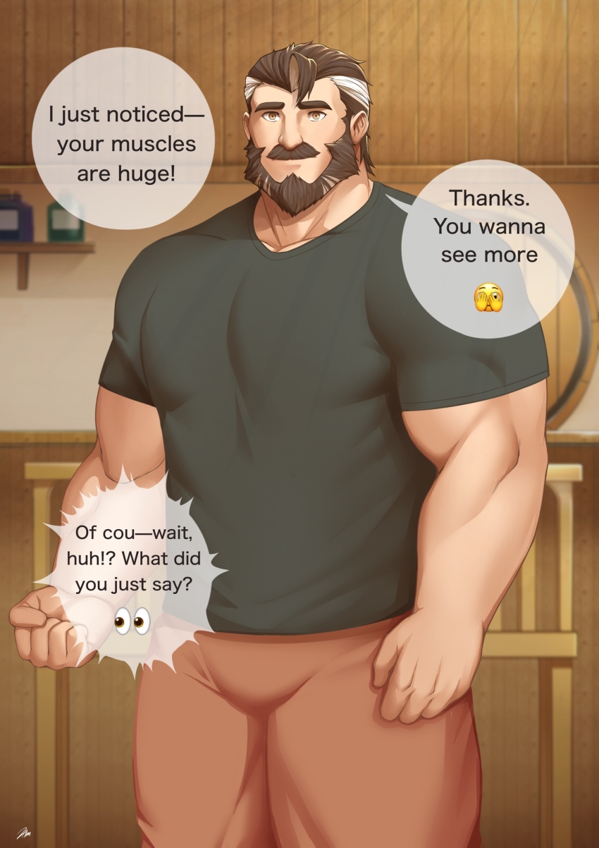 1boy afk_(series) afk_journey bara beard biceps black_shirt brown_pants clenched_hand closed_mouth commentary facial_hair highres hogan_(afk) looking_at_viewer male_focus multicolored_hair muscular muscular_male mustache pants shirt signature smile speech_bubble symbol-only_commentary zammonv
