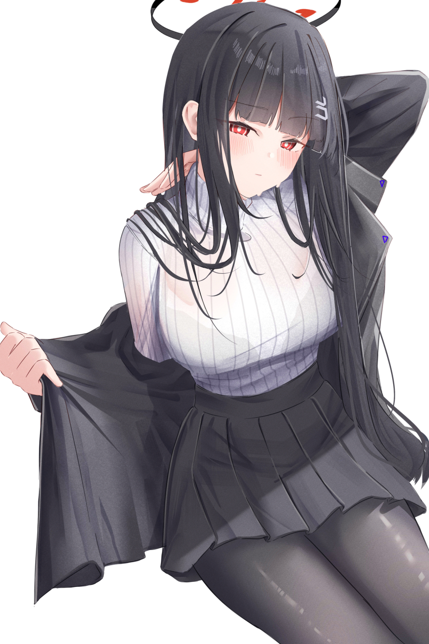 1girl absurdres black_hair black_pantyhose black_skirt blue_archive blush breasts closed_mouth cowboy_shot hair_ornament hairpin halo highres large_breasts leonardo_566 long_hair long_sleeves pantyhose pleated_skirt red_eyes ribbed_sweater ringed_eyes rio_(blue_archive) simple_background skirt solo sweat sweater white_background white_sweater
