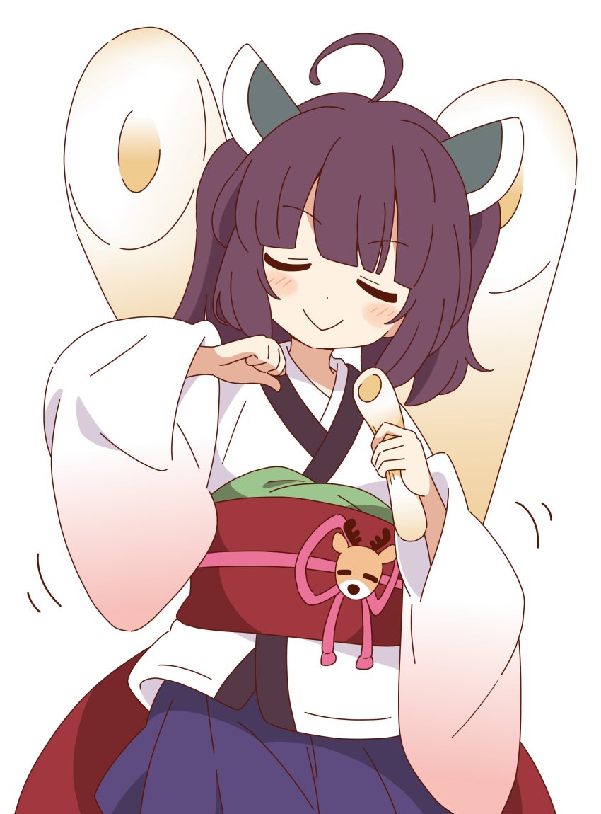 1girl :&gt; absurdres ahoge blue_skirt blunt_bangs blush brown_hair closed_eyes closed_mouth commentary cowboy_shot dot_nose headgear highres japanese_clothes kimono long_sleeves meme obi red_sash sash shikairo_days_dance_(meme) short_hair short_kimono short_yukata simple_background skirt smile solo touhoku_kiritan voiceroid white_background white_kimono yukata zungurimukkuri_tarou