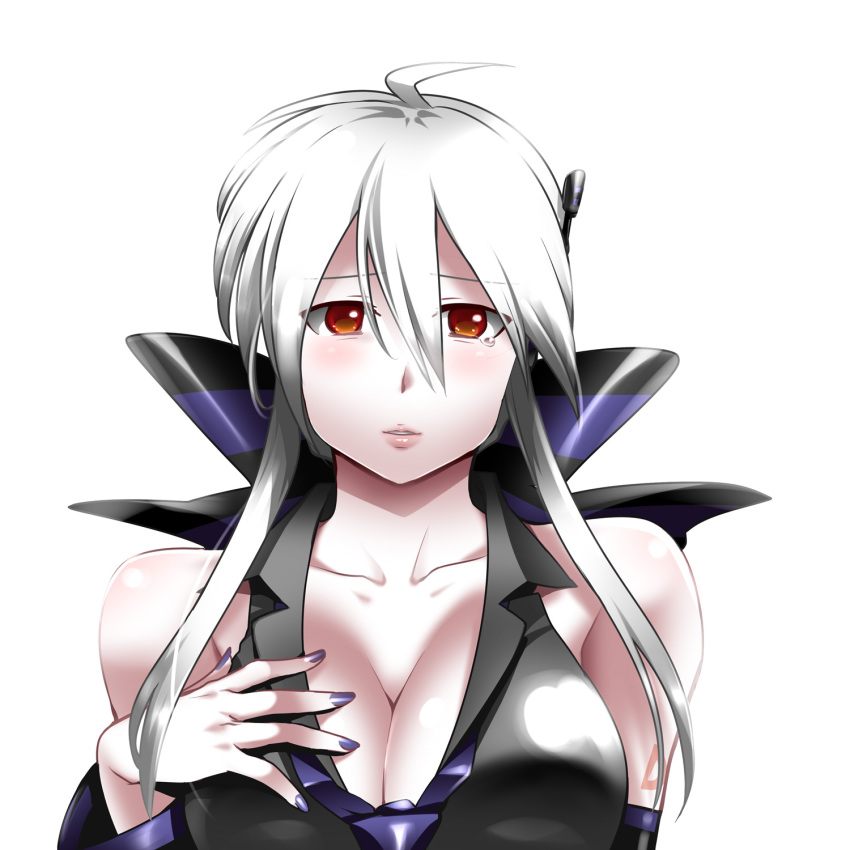 1girl ahoge breasts caffein cleavage female_focus headphones highres large_breasts lips long_hair nail_polish necktie ponytail purple_nails red_eyes silver_hair simple_background smile solo tears vocaloid yowane_haku