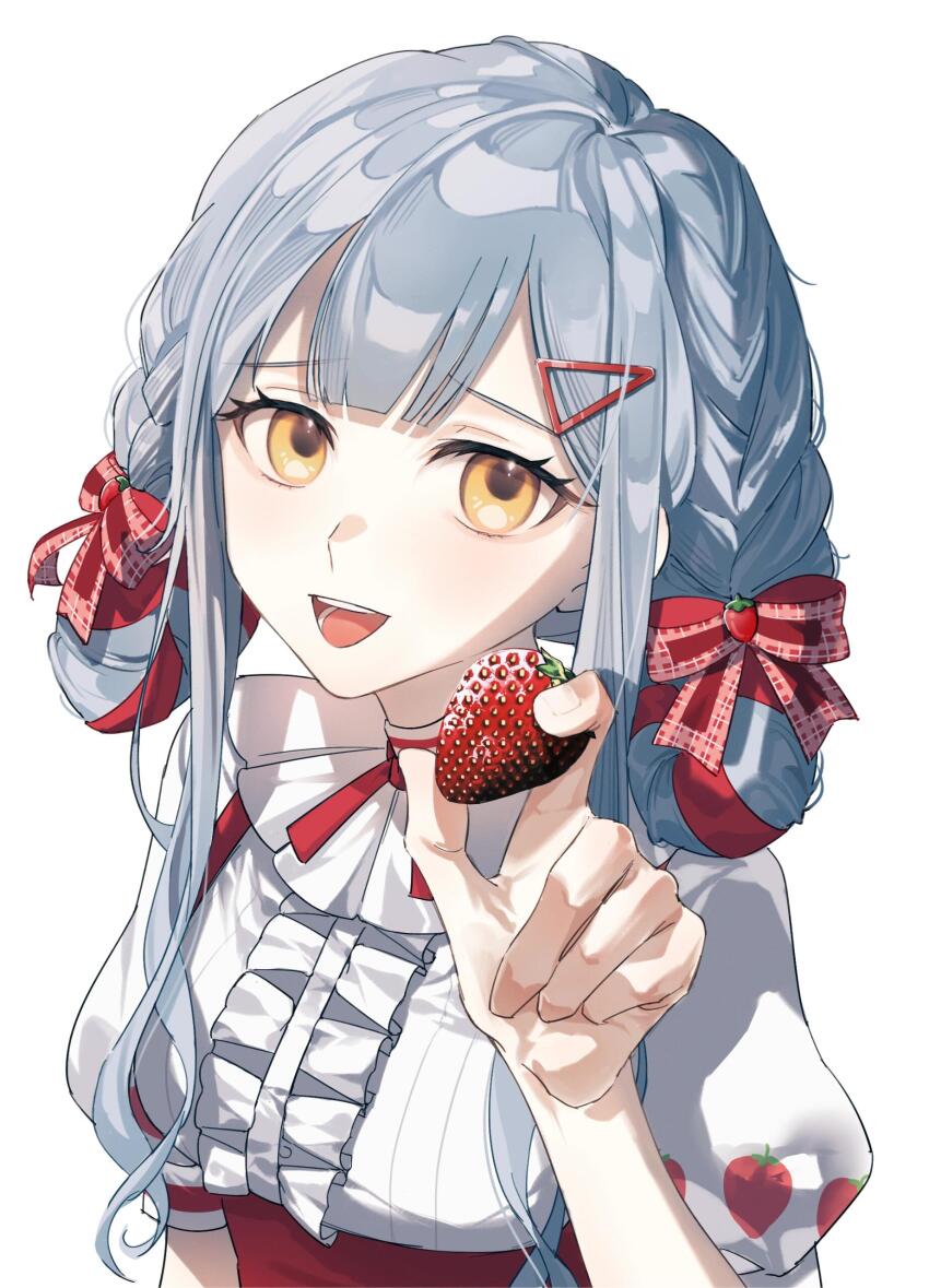 1girl :d absurdres bad_source bang_dream! bang_dream!_it&#039;s_mygo!!!!! blunt_bangs bow braid breasts center_frills food food_print frilled_shirt frills fruit fruit_print grey_hair hair_bow hair_ornament hair_ribbon hair_rings hairclip hand_up high-waist_skirt highres holding holding_food holding_fruit incoming_food long_hair looking_at_viewer open_mouth puffy_short_sleeves puffy_sleeves red_bow red_ribbon ribbon shirt short_sleeves sidelocks simple_background skirt smile solo strawberry strawberry_print suspenders sweets_paradise taotaomei teeth togawa_sakiko togawa_sakiko_(sweets_paradise) twin_braids upper_body upper_teeth_only white_background white_shirt yellow_eyes