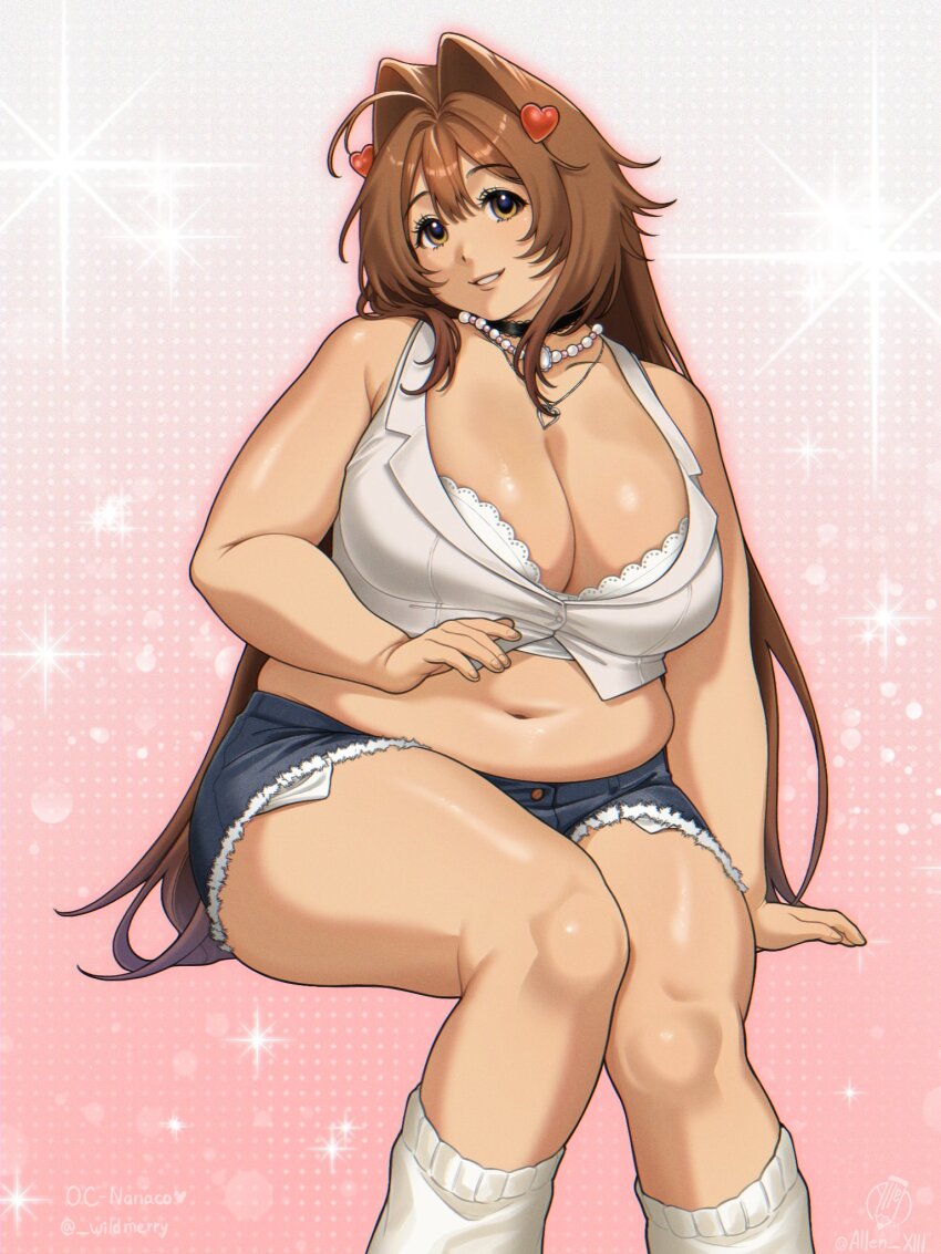 1girl allen_xiii borrowed_character breasts brown_eyes brown_hair cleavage fat fat_woman hair_intakes hair_ornament heart heart_hair_ornament highres jewelry large_breasts long_hair looking_at_viewer muffin_top nanaco_(meisharan) navel original shorts smile solo very_long_hair