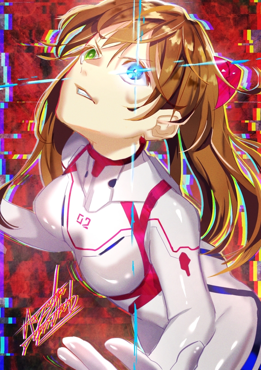 1girl artist_request blue_eyes bodysuit breasts brown_hair clenched_teeth evangelion:_3.0+1.0_thrice_upon_a_time eyepatch floating_hair glowing glowing_eyes green_eyes heterochromia highres interface_headset_(evangelion) long_hair mecha_pilot_suit neon_genesis_evangelion plugsuit_(evangelion) rebuild_of_evangelion shiny_clothes skin_tight souryuu_asuka_langley teeth two_side_up white_bodysuit wide_hips