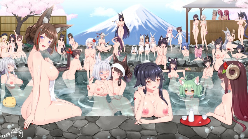 6+girls ahoge akagi_(azur_lane) akashi_(azur_lane) alternate_hairstyle amagi_(azur_lane) animal_ear_fluff animal_ears arm_under_breasts ass asymmetrical_horns atago_(azur_lane) ayanami_(azur_lane) azuma_(azur_lane) azur_lane black_hair blonde_hair blue_eyes blue_hair blush bottle breast_envy breast_rest breasts brown_hair cat_ears cat_tail cherry_blossoms chinese_commentary chitose_(azur_lane) chiyoda_(azur_lane) closed_eyes commentary_request completely_nude cow_ears cow_girl cow_horns cup curled_horns day flat_chest flower fusou_(azur_lane) grabbing_another&#039;s_breast grabbing_from_behind grey_hair groping hair_bun hair_flower hair_ornament hakuryuu_(azur_lane) hanazuki_(azur_lane) haruna_(azur_lane) heterochromia hiei_(azur_lane) highres holding holding_bottle holding_hands holding_smoking_pipe horns ibuki_(azur_lane) izumo_(azur_lane) kaga_(azur_lane) kashino_(azur_lane) kii_(azur_lane) kinu_(azur_lane) kisaragi_(azur_lane) kongou_(azur_lane) lap_pillow large_breasts long_hair looking_at_another manjuu_(azur_lane) medium_breasts medium_hair mikasa_(azur_lane) mount_fuji multiple_girls musashi_(azur_lane) mutsuki_(azur_lane) nagato_(azur_lane) nail_polish naked_towel nipples noshiro_(azur_lane) nude onsen outdoors partially_submerged partially_underwater_shot pink_hair ponytail ppshex purple_hair red_eyes red_hair red_nails ryuuhou_(azur_lane) sakazuki sake_bottle shimakaze_(azur_lane) shinano_(azur_lane) short_hair shoukaku_(azur_lane) siblings sisters sitting small_breasts smoking_pipe standing suruga_(azur_lane) suzutsuki_(azur_lane) taihou_(azur_lane) tail takao_(azur_lane) tosa_(azur_lane) towel very_long_hair water wet white_flower yamashiro_(azur_lane) yellow_eyes yukikaze_(azur_lane) yuri zuikaku_(azur_lane)