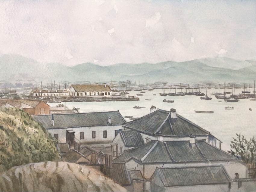 atelier_bono cloud cloudy_sky harbor highres house japan mountainous_horizon no_humans original painting_(medium) port scenery ship sky traditional_media watercolor_(medium) watercraft